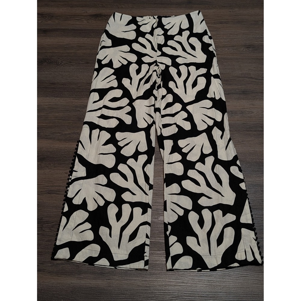 House of Harlow‎ 1960 Black Cream Coral Print Wide Leg Linen Blend Pants Size 10